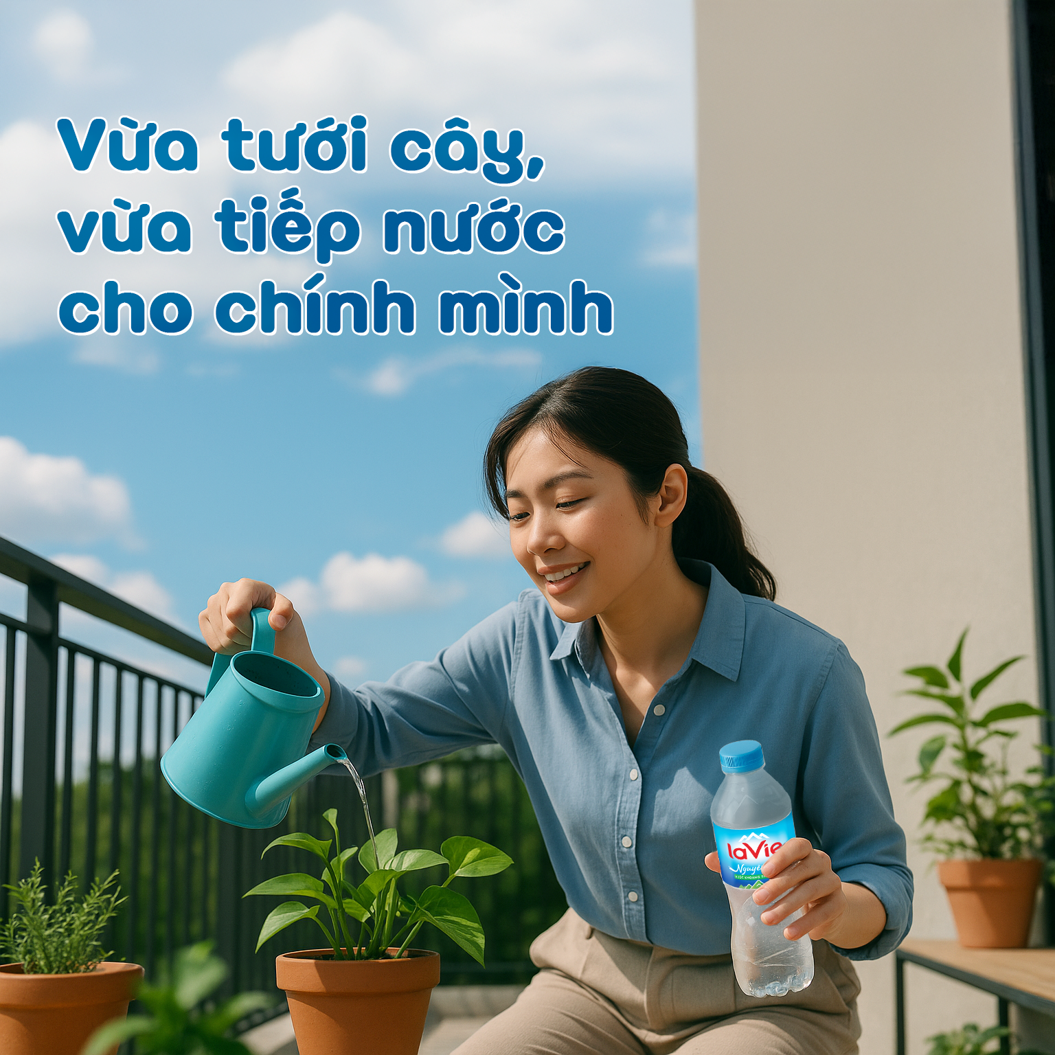 Vừa tưới cây, vừa tiếp nước cho chính mình